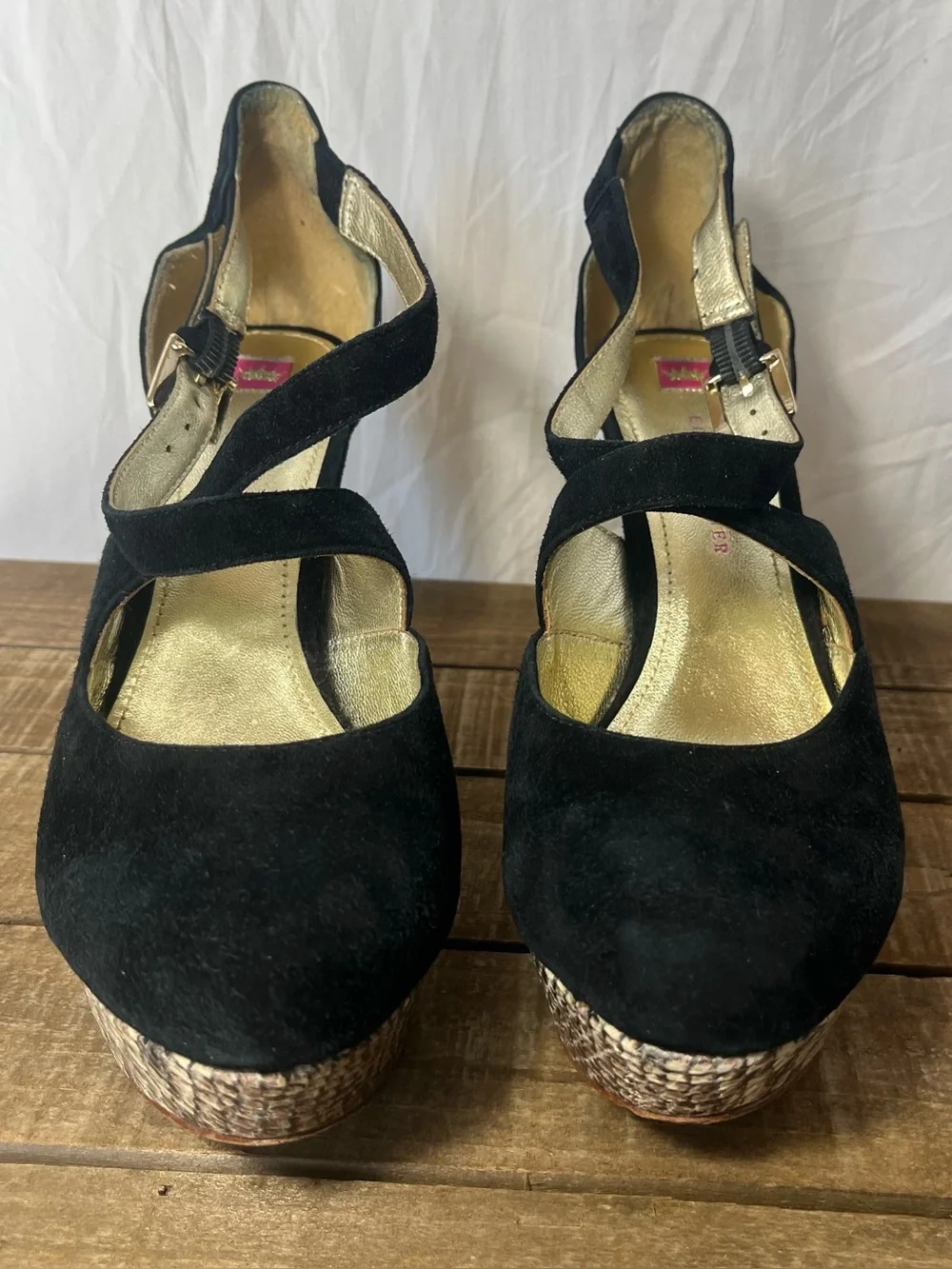 ELAINE TURNER TEGAN PLATFORM STRAPPY WEDGE SUEDE BLACK PYTHON Heel 10 mob wife